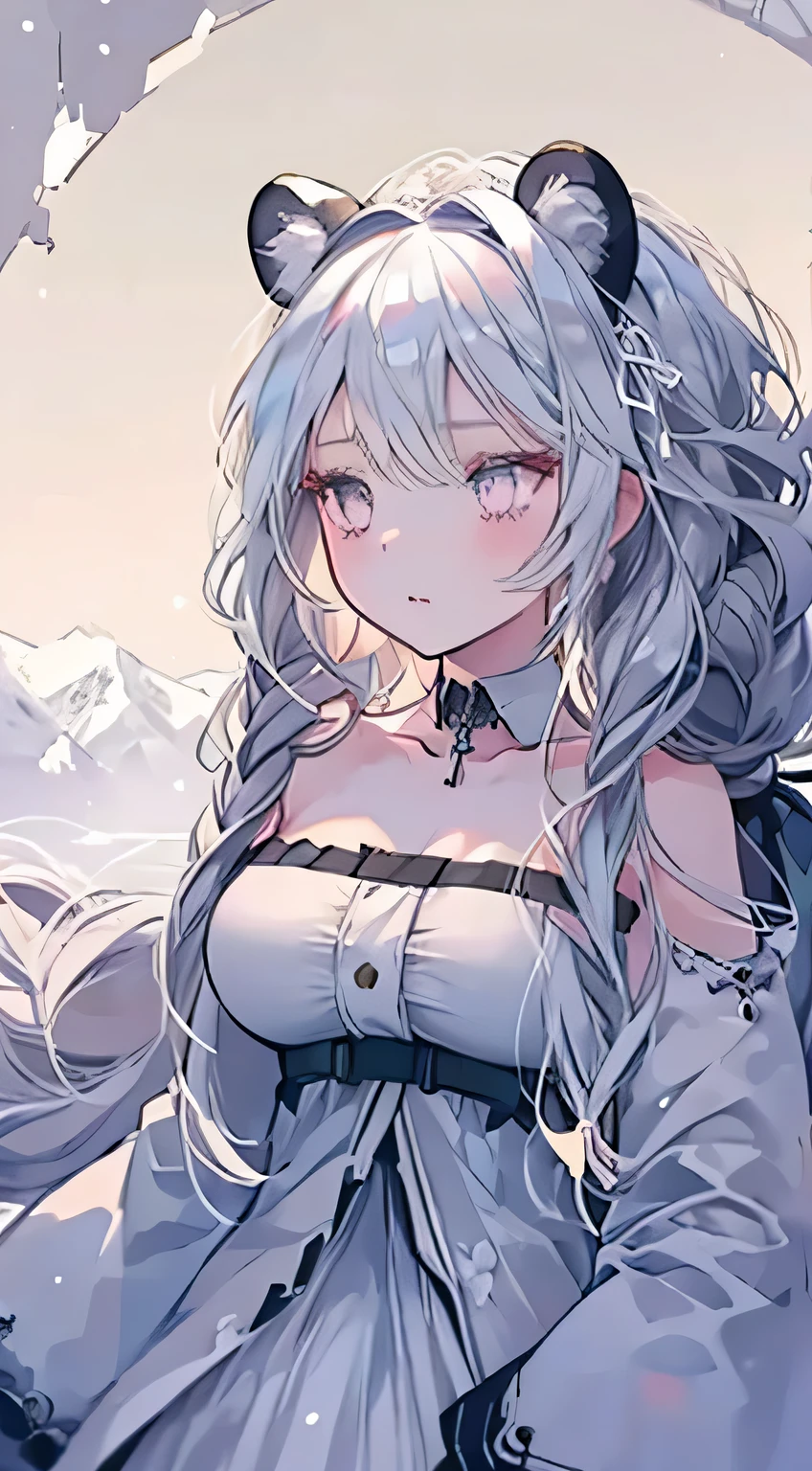 (masterpiece, best quality:1.2),1 girl, Upper body,Tail, large Tail, white hair, very long hair, curls, gray eyes, deTailed eyes, colorful hair, ring, bead necklace, animal ears, leopard ears, black cloak, white dress, Hip vents, pelvic curtain, gray stockings, Snowing, Snowing mountains, snowstorm, Volumetric lighting, subsurface scattering, light, chiaroscuro, Floating hair, Put your hands on your chest