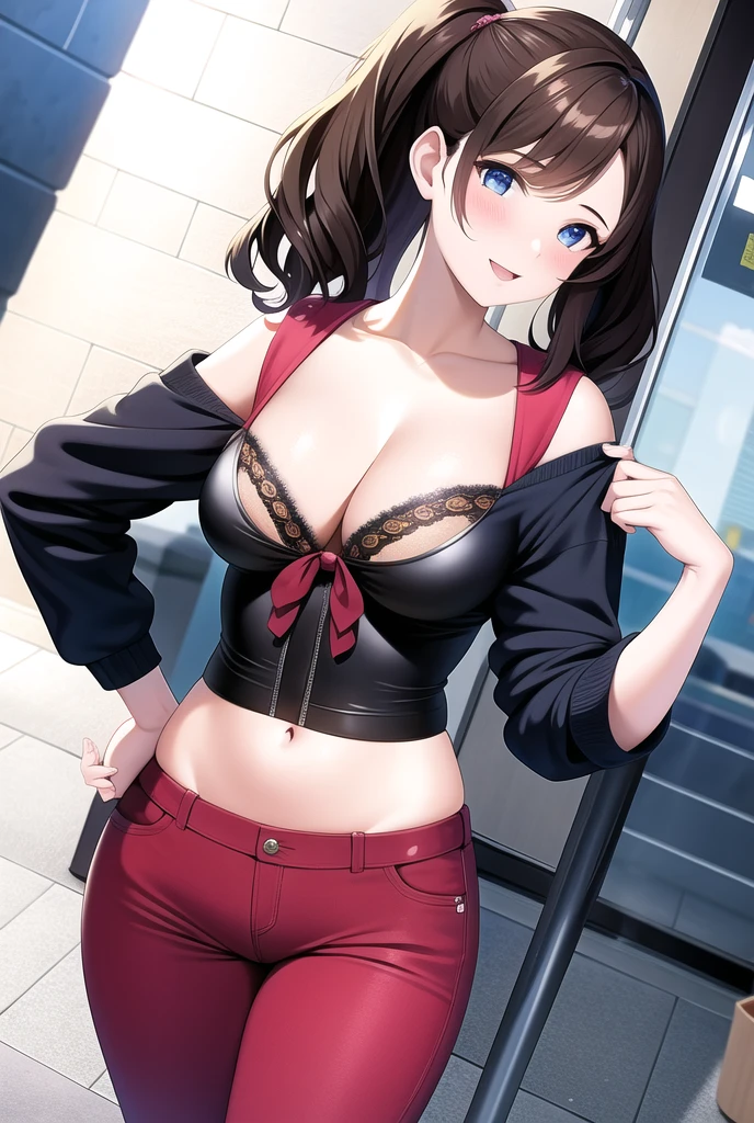 ((leaning forward)), ((alone)), city, street, ((white blouse)), ((wearing a miniskirt)), ((blush:1.2)), ((raise your arms a little)), A voice suddenly comes out, 1 girl, hairpin, huge breasts, ((cleavage is visible)), exposed thighs, big ass, short hair, Weak women, ((long and thin legs)), ((thin waist)), thick thighs, ((cowboy shot)), yellow eyes, Close your legs, Beautiful woman, adult woman, cute face, cute eyes, ((Panty shot))