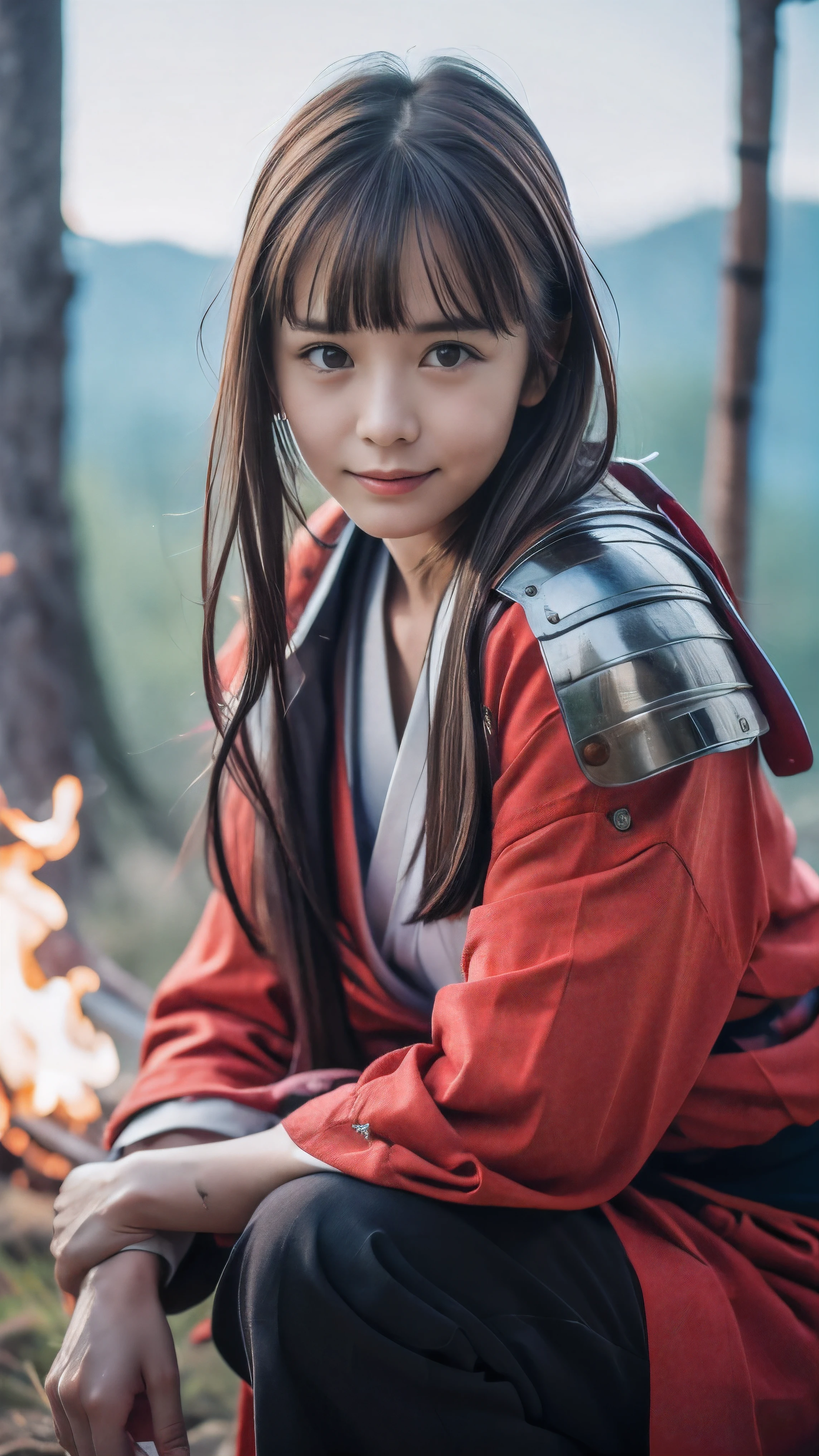 (Close up portrait of one slender small breast red brown wavy long hair with dull bangs girl in a red colored dirty armor warrior as samurai in Japan :1.5)、(One girl take a rest near the bonfire on the wilderness land in old Japan with dirty little smile:1.5)、(Dark midnight:1.5)、(blurred background:1.5)、(Natural light:1.5)、(8k ultra detailed master piece:1.5)、(perfect anatomy:1.5)、(Photorealistic stick:1.5)、(Raw photo:1.3)、(highest quality:1.5)、(High resolution:1.3)、(Delicate and beautiful perfect face:1.3)、(Delicate and beautiful eye air skin:1.3)、(Real Human Skin:1.3)、((thin legs))