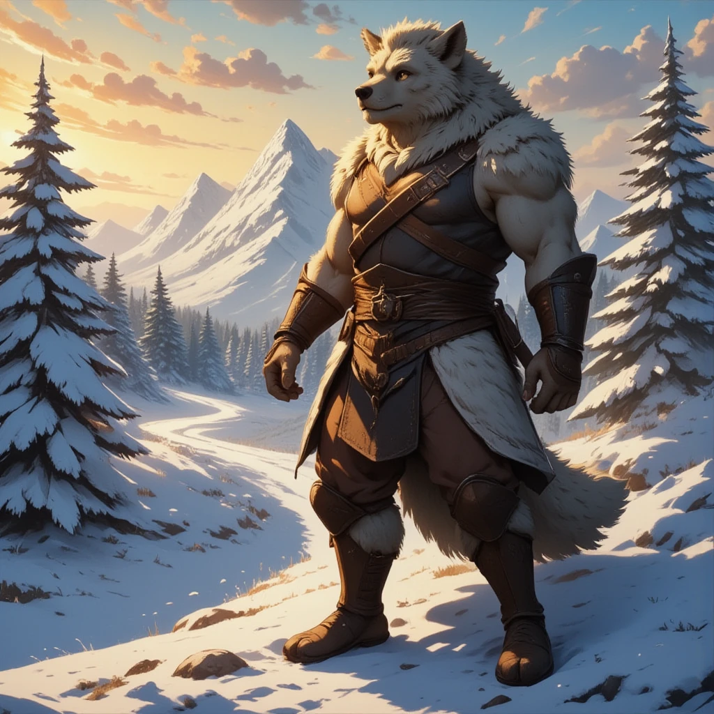 character focus, full body, looking away, dynamic angle, barbarian, a muscular middle-aged wolf man, full body in Michelangelo Buonarroti style, housamo style, digital illustration anime, BREAK costume clothes, brief, breast plate, helmet, dynamic pose, detailed painting landscape, evening, snow field, path, outdoor, full color, HDR, BREAK complete anatomy, perfect proportions, beautiful thigh gap, fluffy body, intricate fur details, beautiful fur texture, BREAK a detailed wolf 1tail, detailed toe, 5toes, 5toes nails, detailed foot, detailed hands, 5fingers, 5fingers nails, BREAK aesthetic anime face, insanity detailed face, male face, big face, square jawline, aesthetic anime eyes, detailed brown eyes, detailed brown cornea, detailed dark brown irises, detailed pupils, male eyes, big eyes, male eyebrows, innocent look, beautiful beard, BREAK masterpiece, official art, best quality, very aesthetic, absurdres, super fine illustration, great quality, BREAK noise reduction, very highres, large filesize, high quality, 32K, 8k wallpaper, dynamic lighting, insanity detailed, ultra detailed, intricate details, extremely detailed, detailed texture, an extremely delicate and beautiful, BREAK e621 illustration, osukemo, kemohomo, anthropomorphic, furry, cartoon, harmonious body, pastoral face, virtuous eyes, epic atmosphere