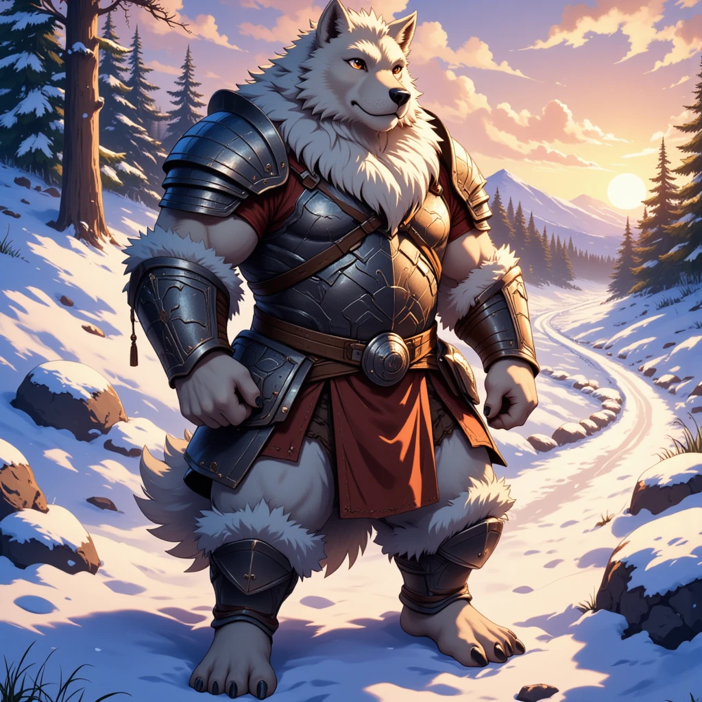 character focus, full body, looking away, dynamic angle, barbarian, a muscular middle-aged wolf man, full body in Michelangelo Buonarroti style, housamo style, digital illustration anime, BREAK costume clothes, brief, breast plate, helmet, dynamic pose, detailed painting landscape, evening, snow field, path, outdoor, full color, HDR, BREAK complete anatomy, perfect proportions, beautiful thigh gap, fluffy body, intricate fur details, beautiful fur texture, BREAK a detailed wolf 1tail, detailed toe, 5toes, 5toes nails, detailed foot, detailed hands, 5fingers, 5fingers nails, BREAK aesthetic anime face, insanity detailed face, male face, big face, square jawline, aesthetic anime eyes, detailed brown eyes, detailed brown cornea, detailed dark brown irises, detailed pupils, male eyes, big eyes, male eyebrows, innocent look, beautiful beard, BREAK masterpiece, official art, best quality, very aesthetic, absurdres, super fine illustration, great quality, BREAK noise reduction, very highres, large filesize, high quality, 32K, 8k wallpaper, dynamic lighting, insanity detailed, ultra detailed, intricate details, extremely detailed, detailed texture, an extremely delicate and beautiful, BREAK e621 illustration, osukemo, kemohomo, anthropomorphic, furry, cartoon, harmonious body, pastoral face, virtuous eyes, epic atmosphere