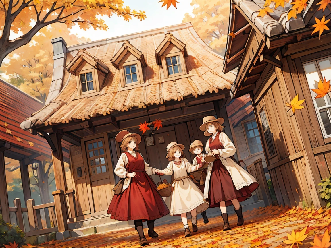 8k image; masterpiece; best quality; dynamic angle; autumn, 18th century, sepia, family in front of they're house, colorfull falling maple leaves