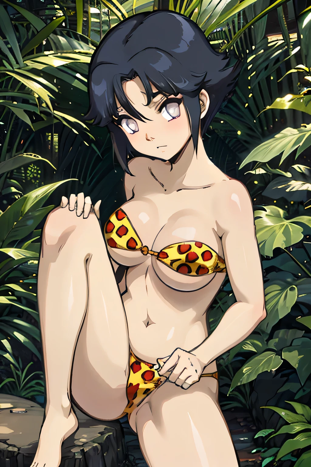 1  girl, Pale skin tone,  short hair , bangs covering her forehead,  dark blue hair color, white eyes without pupils,curious expression , I'm wearing a leopard bikini, In the middle of the jungle , in shameful positions