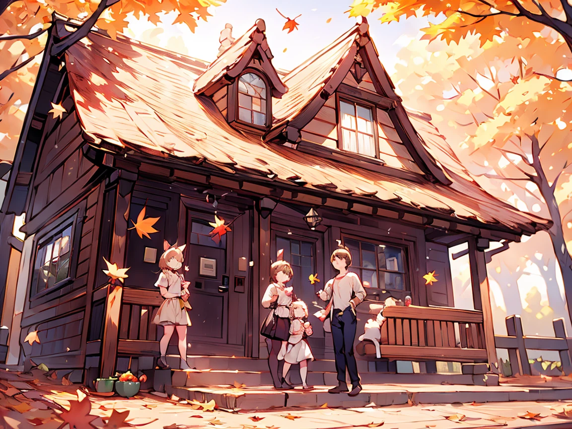 8k image; masterpiece; best quality; dynamic angle; autumn, 18th century, sepia, family of cat people in front of they're house, colorfull falling maple leaves, cat heads