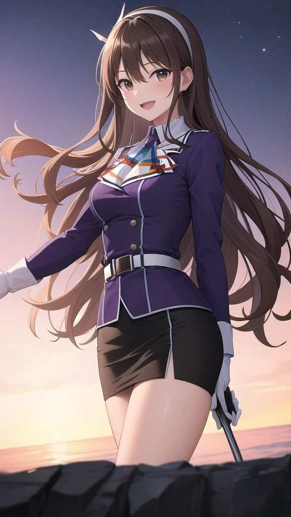 ((masterpiece)),(best quality),official art,extremely detailed CG,unity 8k wallpaper,ultra detailed,A lighthouse on a cliff by the sea,1girl,solo,upper body,(portrait:1.2),long_hair,brown_hair,purple_jacket,white_pantyhose,white_gloves,wavy_hair,brown_eyes,white_hairband,black_skirt,pencil_skirt,long_sleeves,smile,belt,looking_at_viewer,military_uniform,open_mouth,