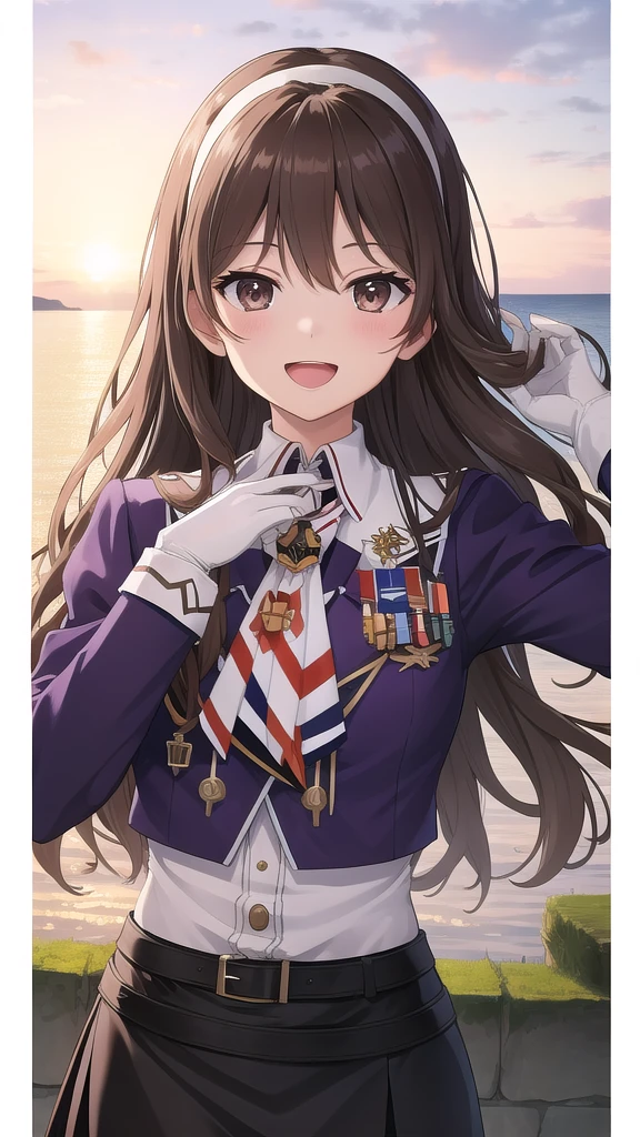 ((masterpiece)),(best quality),official art,extremely detailed CG,unity 8k wallpaper,ultra detailed,A lighthouse on a cliff by the sea,1girl,solo,upper body,(portrait:1.2),long_hair,brown_hair,purple_jacket,white_pantyhose,white_gloves,wavy_hair,brown_eyes,white_hairband,black_skirt,pencil_skirt,long_sleeves,smile,belt,looking_at_viewer,military_uniform,open_mouth,