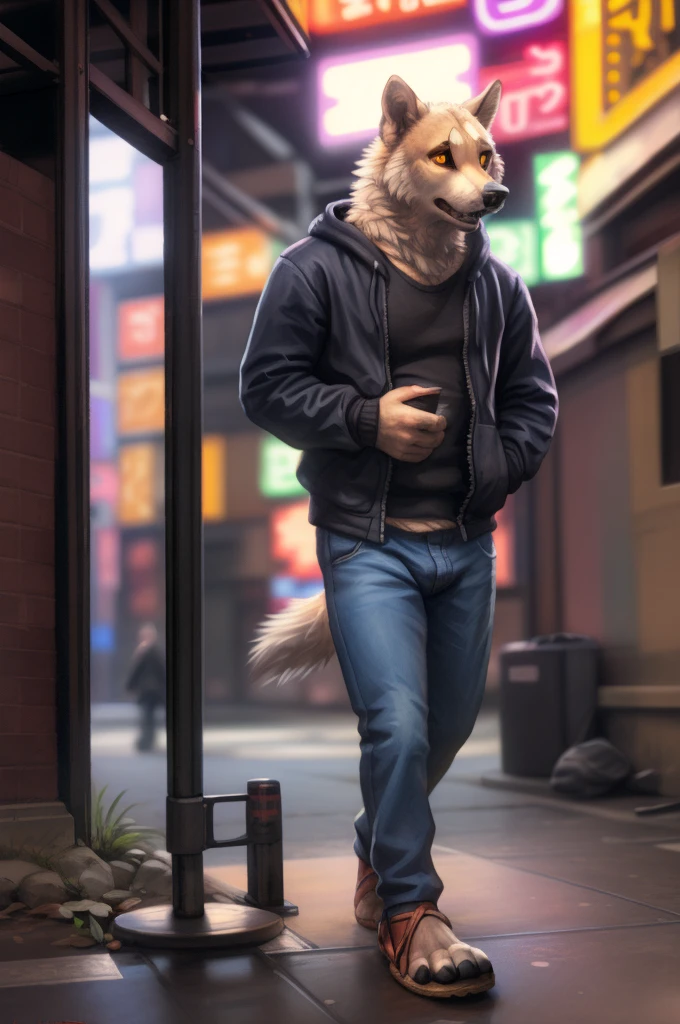 amateur \(eyes\), male, One, ,  yellow eyes , black sclera , 4 fingers, legs, toenails, legs, Dressed,   wearing a black hoodie , jeans,sandals,marking, white fur, street,  Tokyo Prefecture ,  neon
break ,
Lucis ,  personally , from Kenket, (Confused,  high detail,  film photography,  soft focus , RAW candid cinema,
photorealism,  A realistic ,   Rembrandt's photorealistic  ,  analog style , subsurface scattering,
table top,  Best quality ,  Hyperrealistic , (8 k))