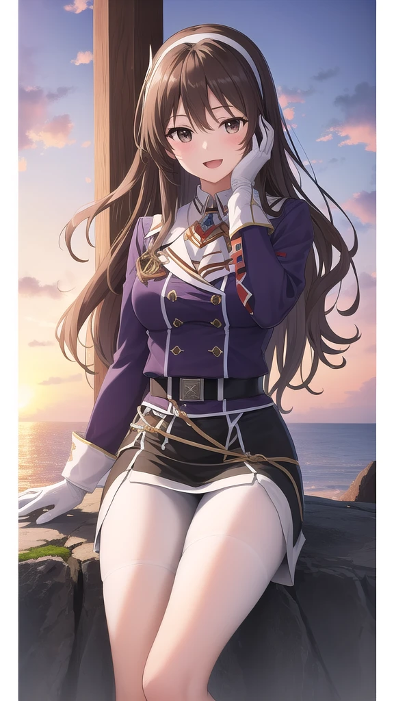 ((masterpiece)),(best quality),official art,extremely detailed CG,unity 8k wallpaper,ultra detailed,A lighthouse on a cliff by the sea,1girl,solo,upper body,(portrait:1.2),long_hair,brown_hair,purple_jacket,white_pantyhose,white_gloves,wavy_hair,brown_eyes,white_hairband,black_skirt,pencil_skirt,long_sleeves,smile,belt,looking_at_viewer,military_uniform,open_mouth,