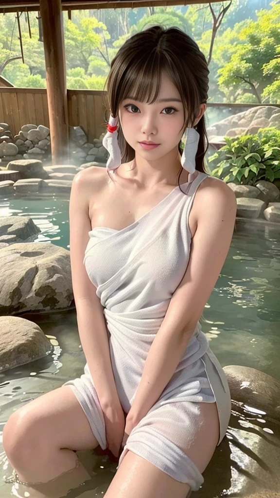 最 high quality、 high quality、 Best image quality 、8k、最 high resolution、 high resolution、最 high quality、masterpiece、 Realistic human body 、Detailed and realistic skin、  A lot of steam comes out of the hot springs 、 Realistically restore every detail 、Detailed realistic lips、Detailed and realistic ears、 detailed realistic hair 、 (( beautiful Japanese girl))、(Japanese Models),((18 year old pretty girl ))、( dark hair)、(Random Hairstyle)、((Beautiful upturned breasts))、(Slim fit style 、Slim fit)、( White Skin)、(( A woman warms in the hot springs ....))、((Thin towel( Every detail shows a realistic face ))、( soft natural light )、(( Deep forest ( natural hot springs gushing out ))、(( Surrounding the hot springs ))、((Deep hot springs ))、(( hot spring girl ))、(( Enter the hot spring))、(( A woman warms in the hot springs ))、((Relax in the hot springs))、(( Soak in the hot springs ))、((腰まで Soak in the hot springs ))、(( in hot spring water 、sit down， Hips down ))、(( sitting in hot springs ))、(( Soak in the hot springs ))、((Kneel in the hot springs))、((Immerse yourself  in hot spring water  up to your shoulders))、((  The body is wrapped in a small white towel  ..))、(( Hot springs surrounded by rocks ))、(( natural hot springs gushing out ))