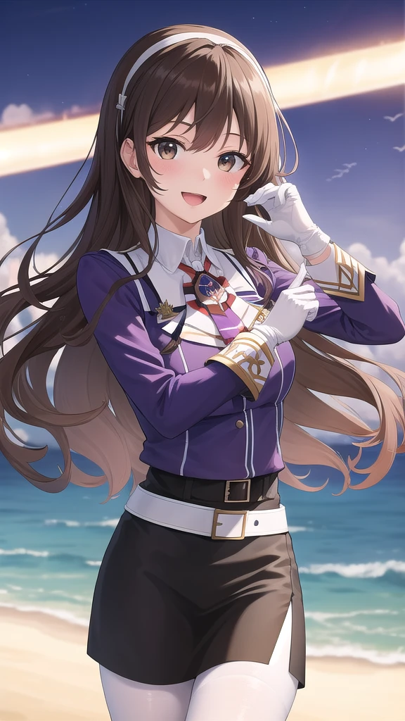 ((masterpiece)),(best quality),official art,extremely detailed CG,unity 8k wallpaper,ultra detailed,A lighthouse on a cliff by the sea,1girl,solo,upper body,(portrait:1.2),long_hair,brown_hair,purple_jacket,white_pantyhose,white_gloves,wavy_hair,brown_eyes,white_hairband,black_skirt,pencil_skirt,long_sleeves,smile,belt,looking_at_viewer,military_uniform,open_mouth,