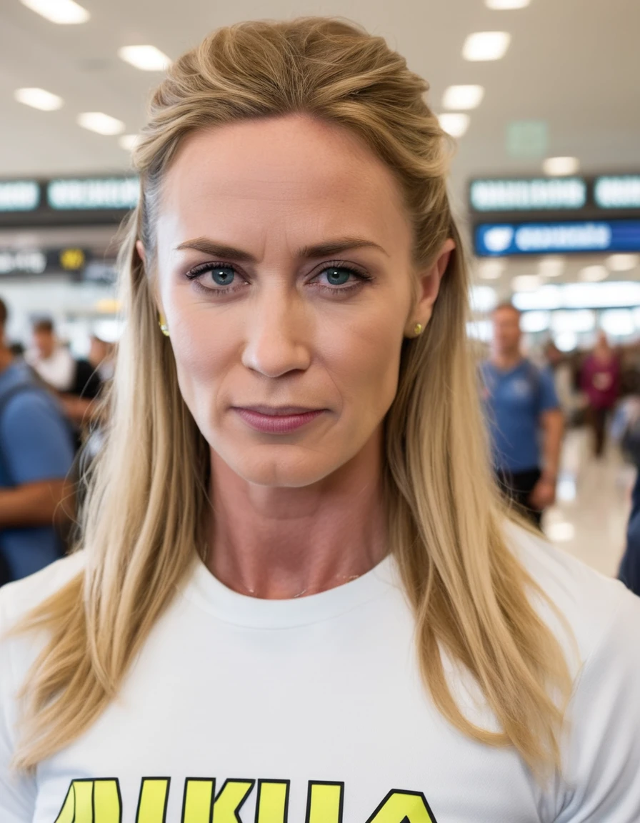 professional close-up portrait photography of the face of a beautiful ((ohwx bodybuilder woman)) at airport during Afternoon, Nikon Z9,Very Angry,