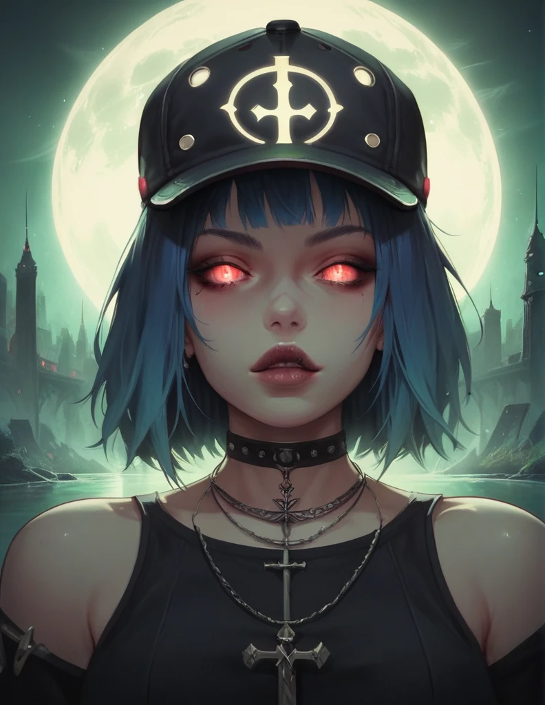 score_9. score_8_up, score_7_up, score_6_up, score_5_up, score_4_up, 1girl, blue hair, curvy, gothic, g0th1cPXL, glowing, neon, devil,((best quality)) , ((masterpiece)) , (detailed) , （anime key visual：1.2）, ground level shot of a Tough Egyptian， (Vigorous Girl:1.3) , wearing Invigorating Flat cap with tuber trimmings, Making funny face, Circlet, Necklace, pond and cityscape, deep focus, Cel shading, （intricate background split lighting：1.2）, Depth of field 270mm, behance, wallpaper, Concept artist，4K, 8k resolution