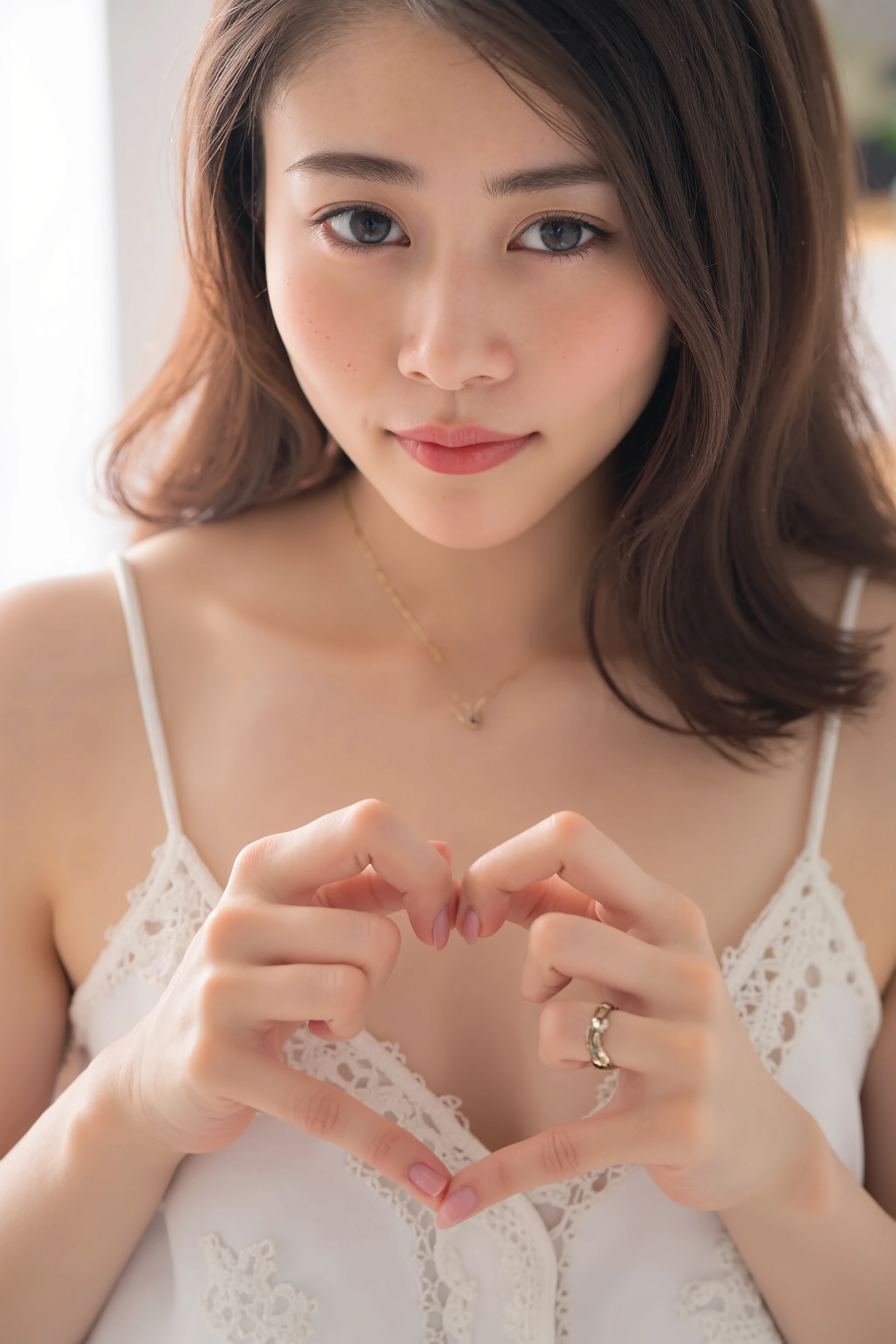 She is in a pose wearing a sexy camisole, making a firm big heart shape with both hands, and holding it in front of her chest, Close-up of a smiling face

