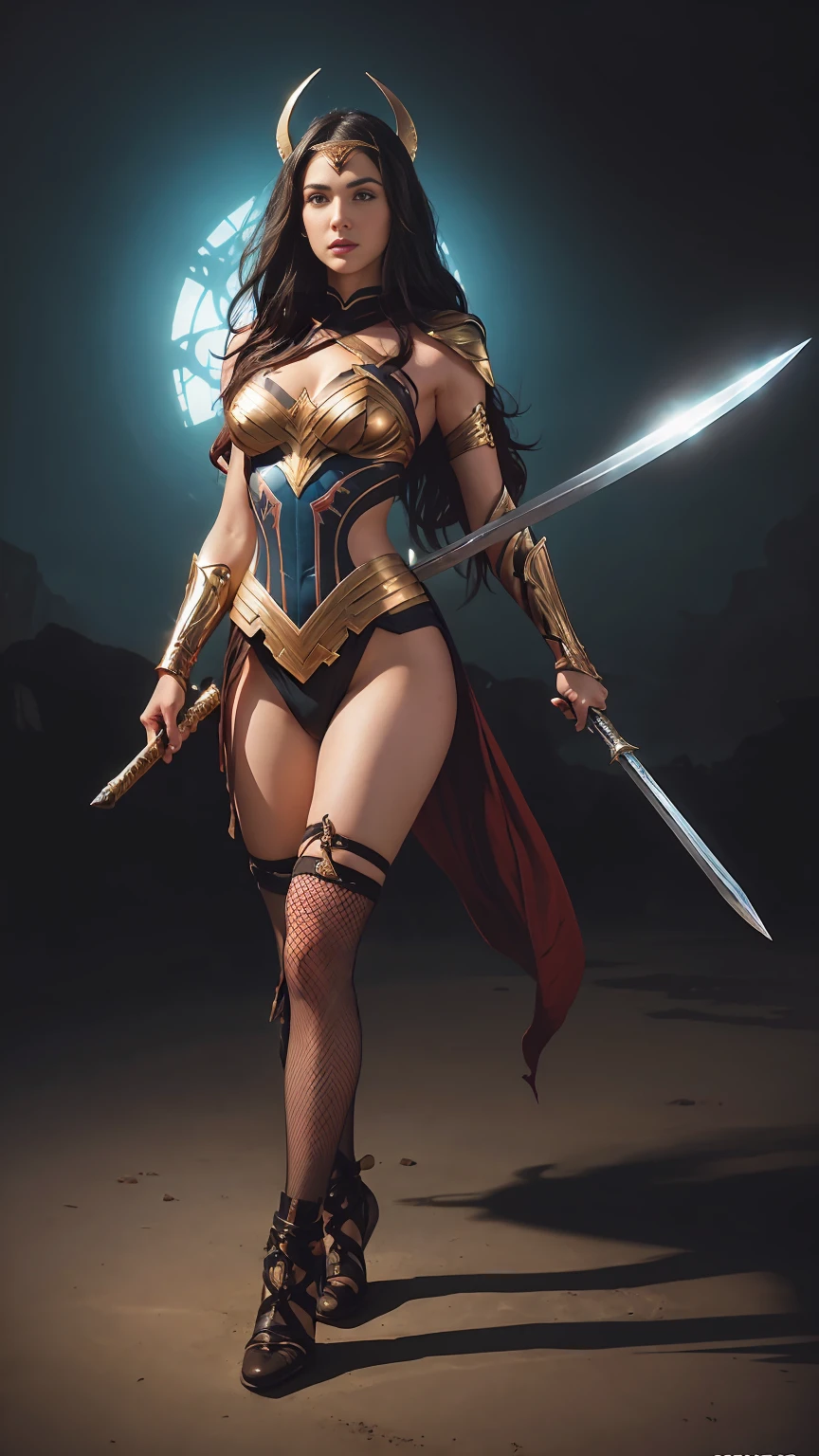 ((Full body photo, standing, feet on the ground)) a woman dressed as a warrior holding a sword, gal gadot sexy painting, fishnets, tyler edlasy art, fantasy woman, gal gadot as hell lord, zenescope, a very beautiful berserker woman, magali villeneuve', as seen on artgerm, very beautiful barbarian, artgerm julie bell beeple, 4k fantasy art, with bangs, a headband
