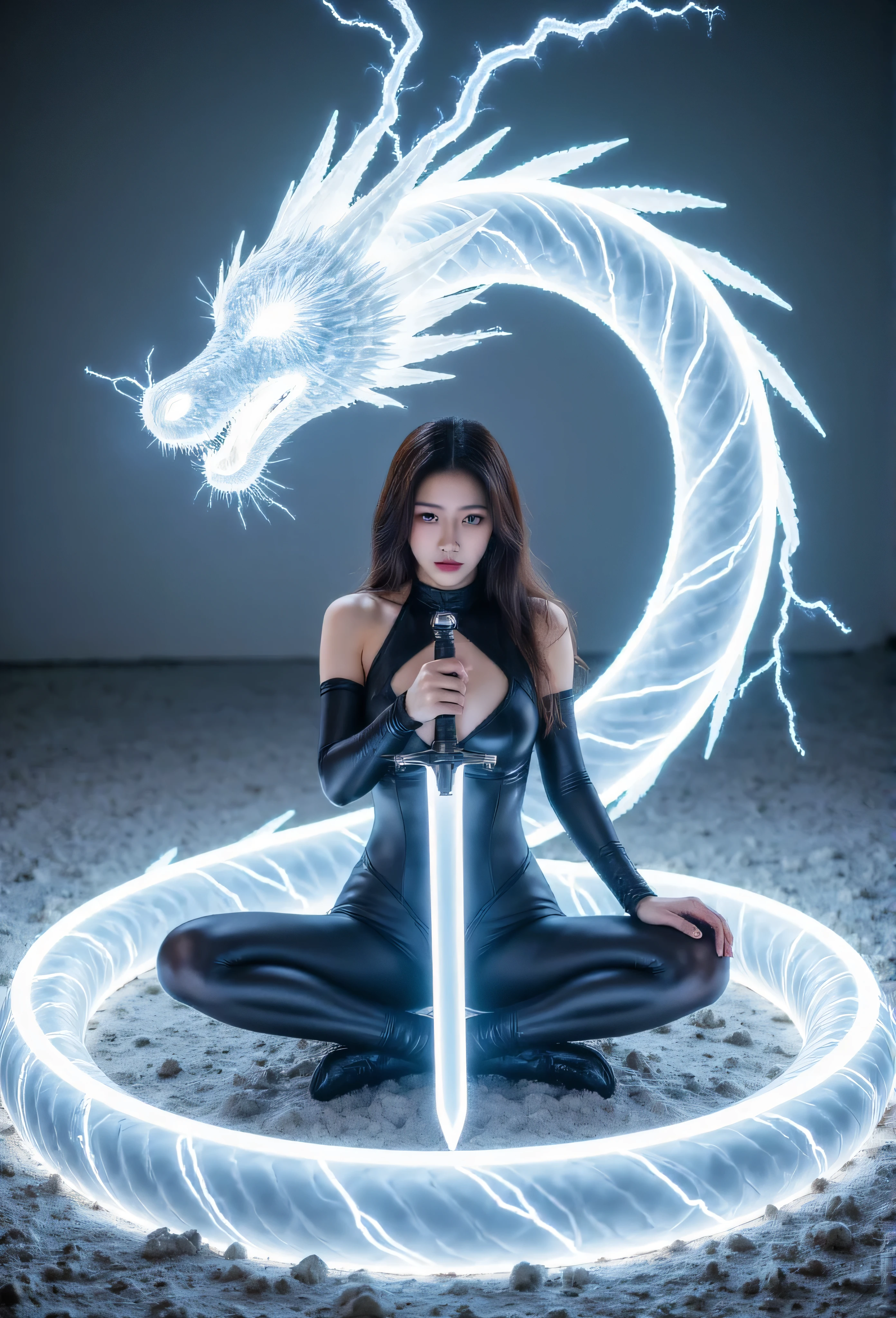 Can you create a beautiful Reaper style female swordsman ,Open legs,sit down, All the lines are lightning , to create a lightning dragon ??? just like he's in the dragon , with no texture , This dragon consists entirely of lightning , A swordsman is a human , his sword emits lightning , Can you create a lightning bolt similar to bleach , and the dragon covers the swordsman , forming a Chinese dragon around him