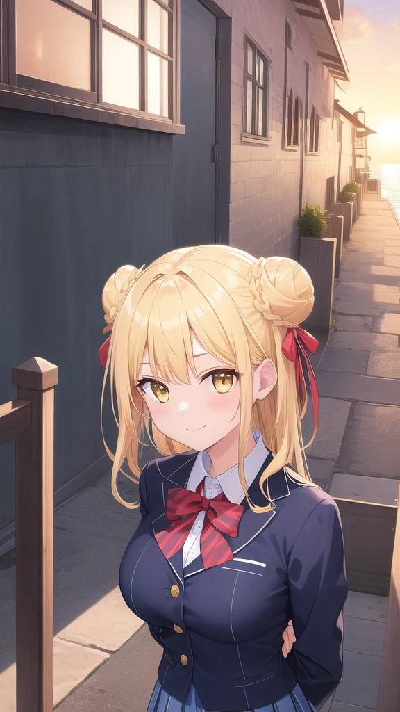 ((masterpiece)),(best quality),official art,extremely detailed CG,unity 8k wallpaper,ultra detailed,A lighthouse on a cliff by the sea,1girl,solo,upper body,(portrait:1.2),looking at viewer,pov,hoshimiya mukuro,very long hair,hair bun,double bun,arms behind back,blonde hair,braid,hair bow,hair ribbon,large breasts,school uniform,smile,striped pantyhose,yellow eyes,pleated skirt,blue skirt,black jacket,white shirt,brown loafers,