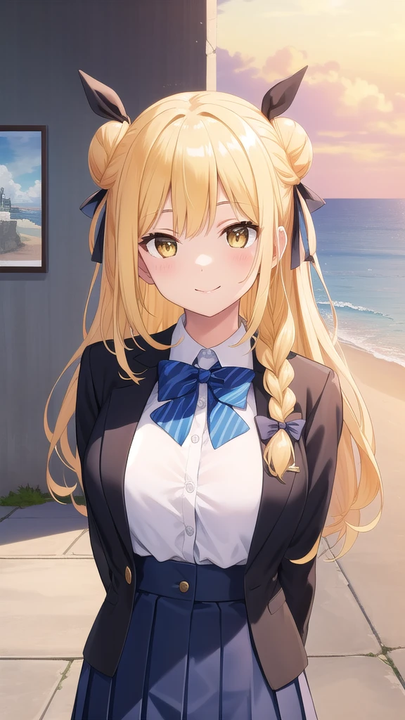 ((masterpiece)),(best quality),official art,extremely detailed CG,unity 8k wallpaper,ultra detailed,A lighthouse on a cliff by the sea,1girl,solo,upper body,(portrait:1.2),looking at viewer,pov,hoshimiya mukuro,very long hair,hair bun,double bun,arms behind back,blonde hair,braid,hair bow,hair ribbon,large breasts,school uniform,smile,striped pantyhose,yellow eyes,pleated skirt,blue skirt,black jacket,white shirt,brown loafers,