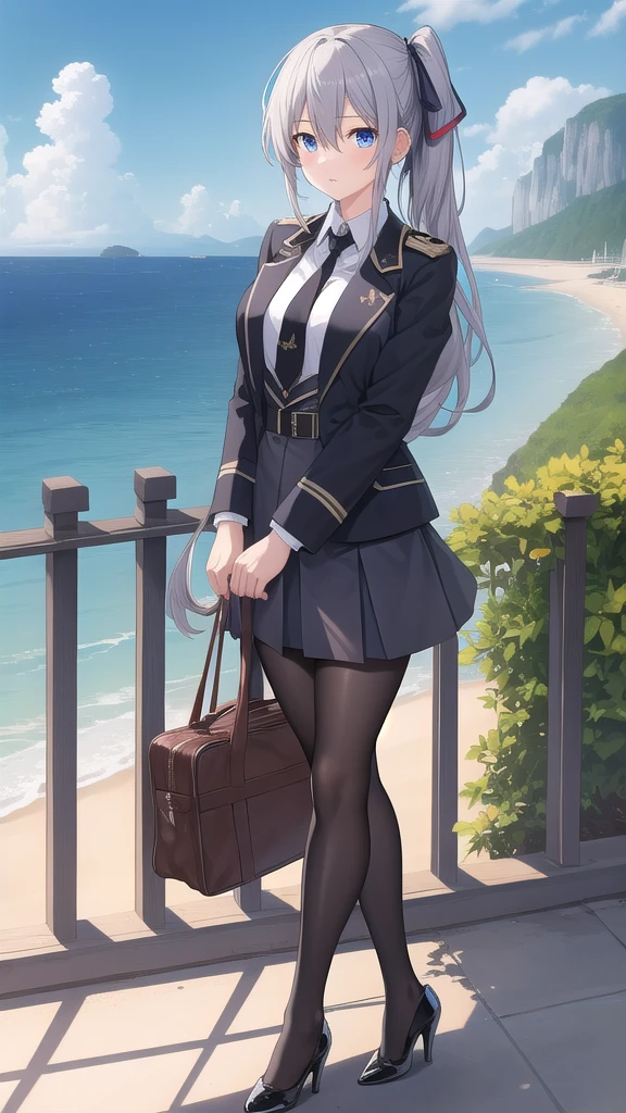 ((masterpiece)),(best quality),official art,extremely detailed CG,unity 8k wallpaper,ultra detailed,A lighthouse on a cliff by the sea,1girl,solo,cowboy shot,looking at viewer,murasame reine,grey hair,blue eyes,side ponytail,black skirt,white shirt,sleepy,deadpan,long hair,large breasts,beige jacket,military uniform,black necktie,hair between eyes,bags under eyes,black pantyhose,high heels,