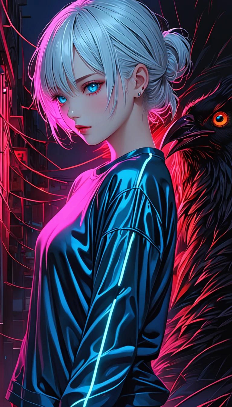 Imagine that you are in a future of 2500 in front of freezing dark dark dark animation 2 .5D manga niji6 strong traits oil ink art super details ultra realism in art Lunna  +  beautiful horror Aqua Absolute attractive tight shirt blue with the neon Neon dark full with large dark blue eyes full ,  neon white hair with a glowing crow passing in front of your eyes in reality style photo realism maximum quality details super graphic perfection of the latest generation