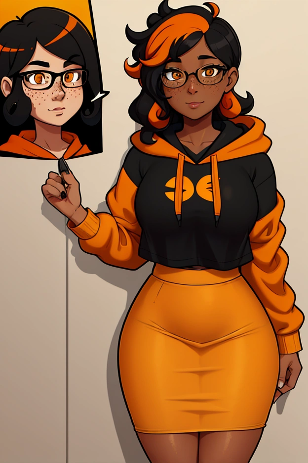 A college girl in her early 20s has loose curly black hair with orange highlights and yellow eyes. She has brown skin with freckles. She's Wearing reading glasses, an orange hoodie, and a tight black pencil skirt.
