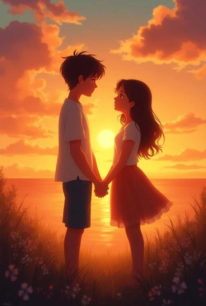 A boy wearing a white t shirt with a text on his tshirt " shifa's" and a girl in a white tshirt and denim skirt, with a text on her tshirt "ali's" , holding eachothers hand with love , sunset background