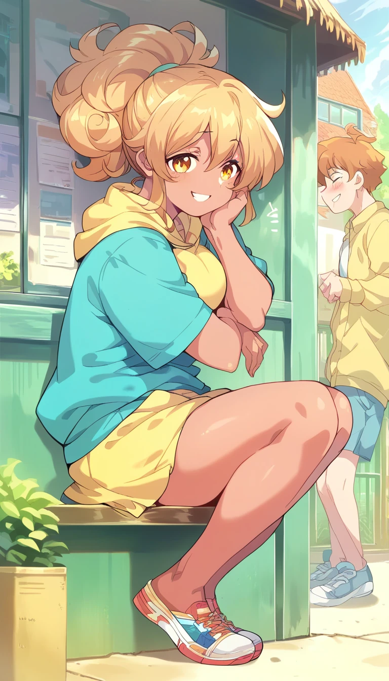 A girl of normal height,   tanned girl dressed as a student,  Wearing a ponytail,  smiling, orange curly hair ,  big ass and big boobs, Sitting in the school corridor .