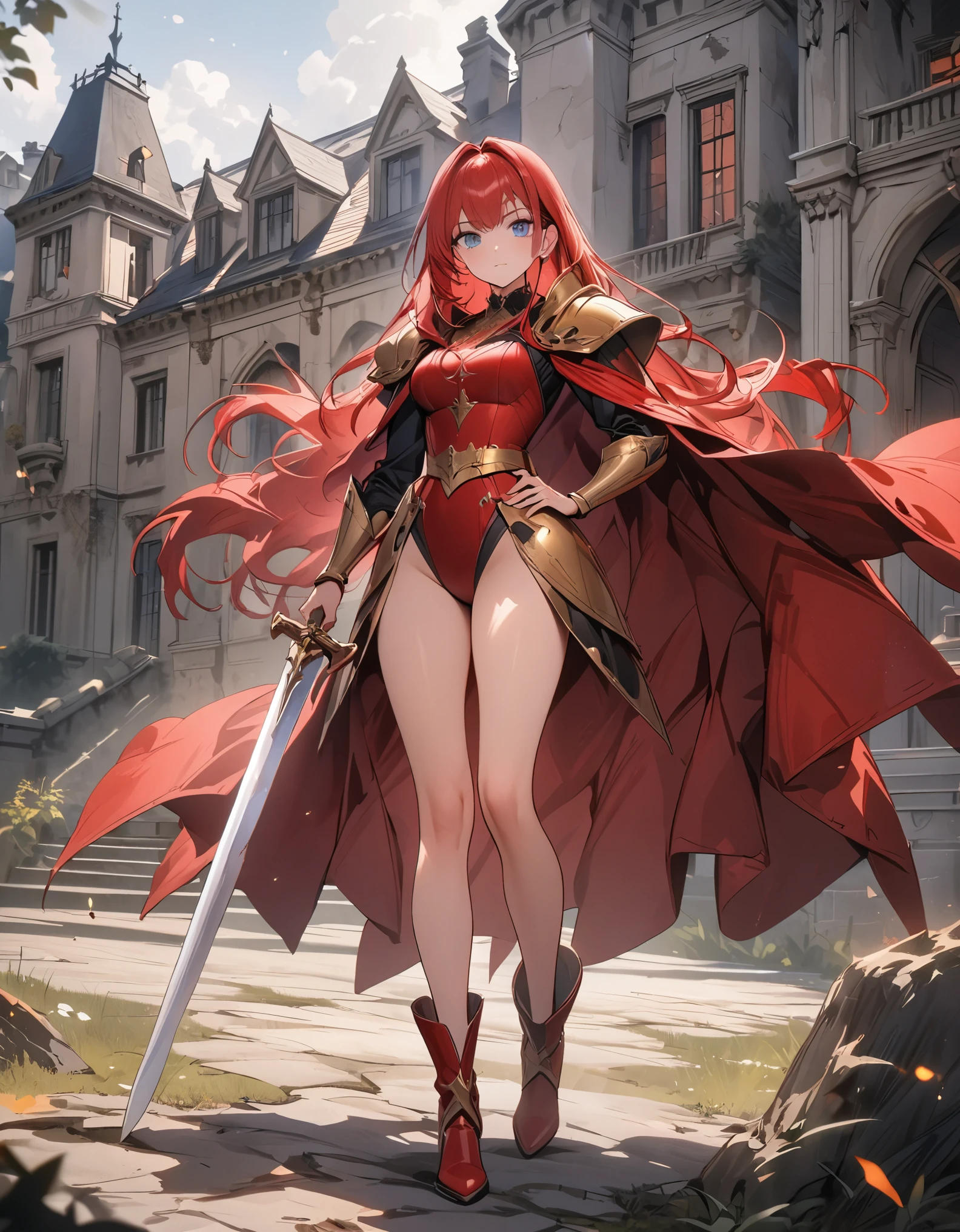 masterpiece, best quality, highres, 8k, solo female knight, mansion, red cape, long straight red hair, medium breasts, standing, dark blue eyes, full body costume design, princess, (red leotard, bare legs, red boots), worn armor, using sword, (gold belt:1.4), gold pauldrons, beautiful face, beautiful detailed eyes, one hand on hip, outdoors