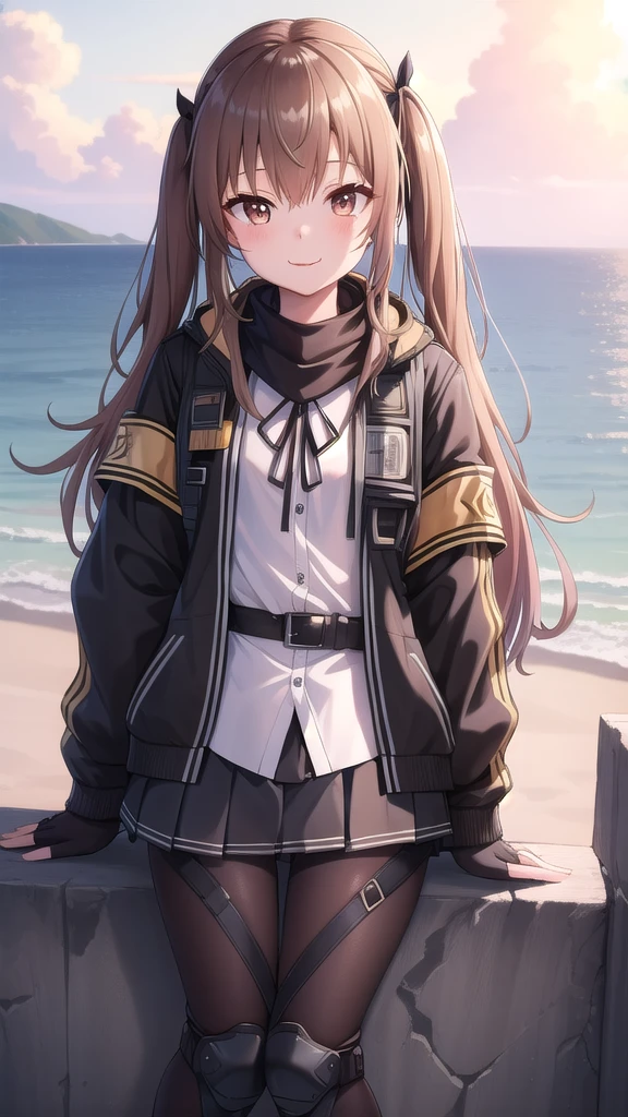 ((masterpiece)),(best quality),official art,extremely detailed CG,unity 8k wallpaper,ultra detailed,A lighthouse on a cliff by the sea,1girl,solo,cowboy shot,ump9 (girls frontline),long hair,smile,looking at viewer,fringe,hair between eyes,brown hair,brown eyes,long sleeves,pleated skirt,open jacket,hair ribbon,miniskirt,black gloves,belt,armband,white shirt,knee pads,black pantyhose,lace-up boots,fingerless gloves,black skirt,thigh strap,