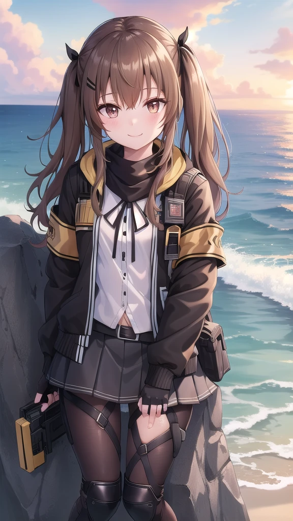 ((masterpiece)),(best quality),official art,extremely detailed CG,unity 8k wallpaper,ultra detailed,A lighthouse on a cliff by the sea,1girl,solo,cowboy shot,ump9 (girls frontline),long hair,smile,looking at viewer,fringe,hair between eyes,brown hair,brown eyes,long sleeves,pleated skirt,open jacket,hair ribbon,miniskirt,black gloves,belt,armband,white shirt,knee pads,black pantyhose,lace-up boots,fingerless gloves,black skirt,thigh strap,