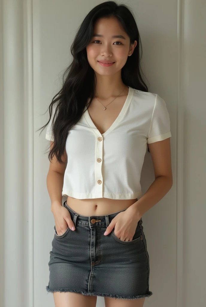 best quality, portrait of 20 years old woman, beautiful asian face, black hair, pudgy cheeks, (chubby:0.9), curvy thighs, short sleeve blouses button, pleated mini skirt, cleavage, white pale skin, red lips, bust photo, raw photo 8k, wallpaper official art, seductive smile, closed mouth, ponytail french braid, (full body:0.9), diamond necklace, semi rimless glasses, standing, indoor shot, lens flare, shot from front