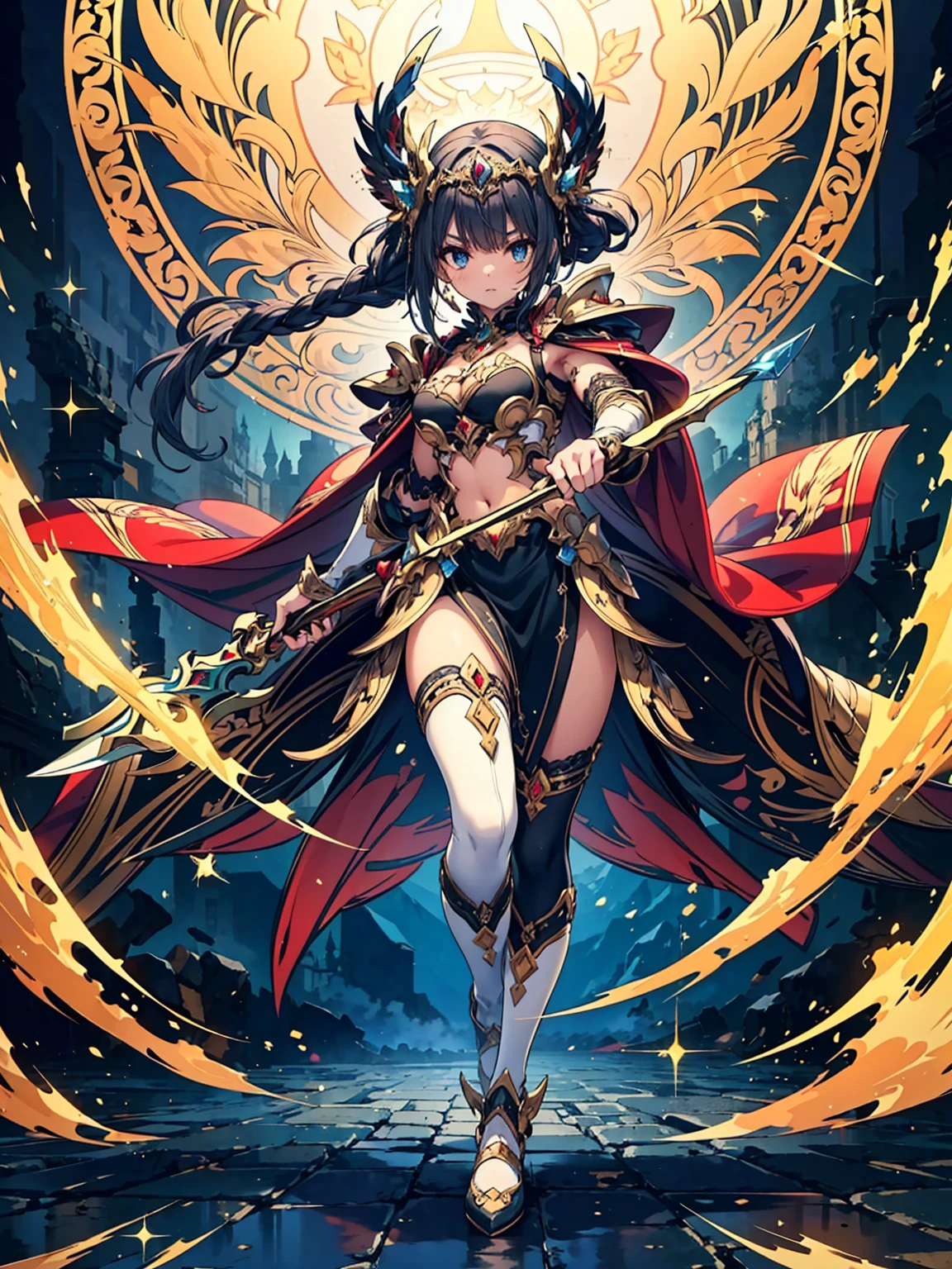 ((Highest quality)),(Ultra-high resolution),(Ultra-detailed new),(Detailed Description),((The best CG)),(masterpiece),Highly detailed art,A wonderful new art form,(Art with precise details:1.5), (War Goddess:1.3),(Frenzy Dance:1.3),sword,gun,Hoko,Bow and Arrow
