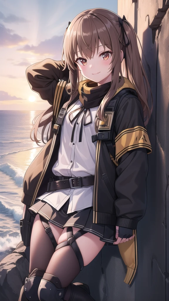 ((masterpiece)),(best quality),official art,extremely detailed CG,unity 8k wallpaper,ultra detailed,A lighthouse on a cliff by the sea,1girl,solo,cowboy shot,ump9 (girls frontline),long hair,smile,looking at viewer,fringe,hair between eyes,brown hair,brown eyes,long sleeves,pleated skirt,open jacket,hair ribbon,miniskirt,black gloves,belt,armband,white shirt,knee pads,black pantyhose,lace-up boots,fingerless gloves,black skirt,thigh strap,