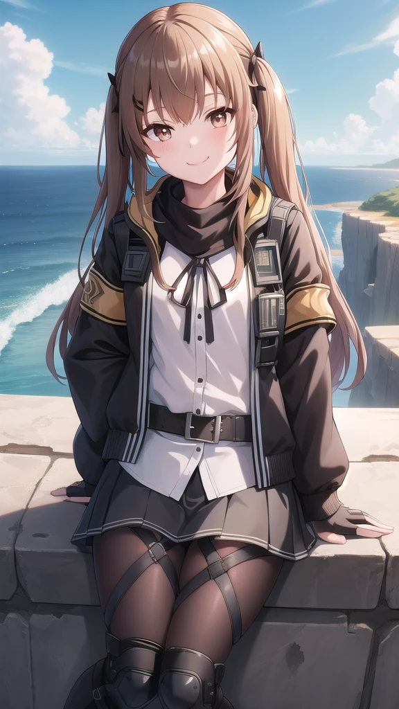 ((masterpiece)),(best quality),official art,extremely detailed CG,unity 8k wallpaper,ultra detailed,A lighthouse on a cliff by the sea,1girl,solo,cowboy shot,ump9 (girls frontline),long hair,smile,looking at viewer,fringe,hair between eyes,brown hair,brown eyes,long sleeves,pleated skirt,open jacket,hair ribbon,miniskirt,black gloves,belt,armband,white shirt,knee pads,black pantyhose,lace-up boots,fingerless gloves,black skirt,thigh strap,