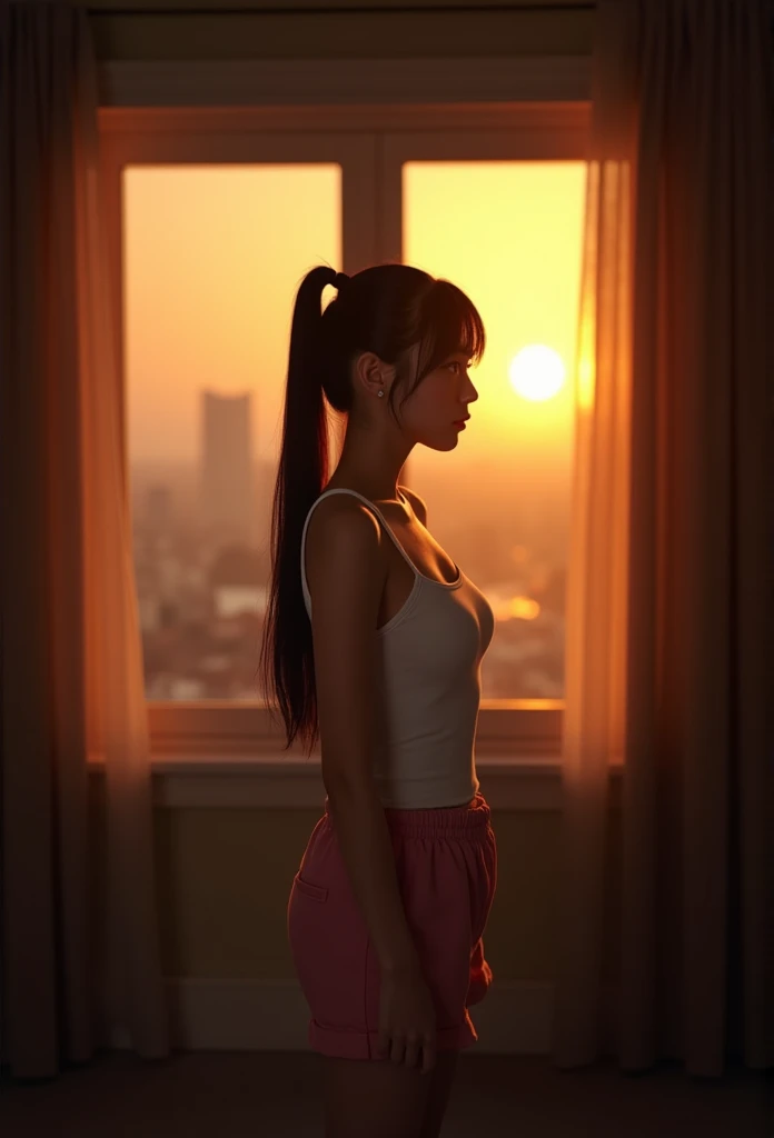 Is night, A Korean, 20 years old woman, parted lips, wearing pink shorts and a white tank top, is standing in front of a window. She has black hair, blunt bangs, long hair, ponytail, the room appears to be dark, the girl is lit up by the sunset light coming through the window.