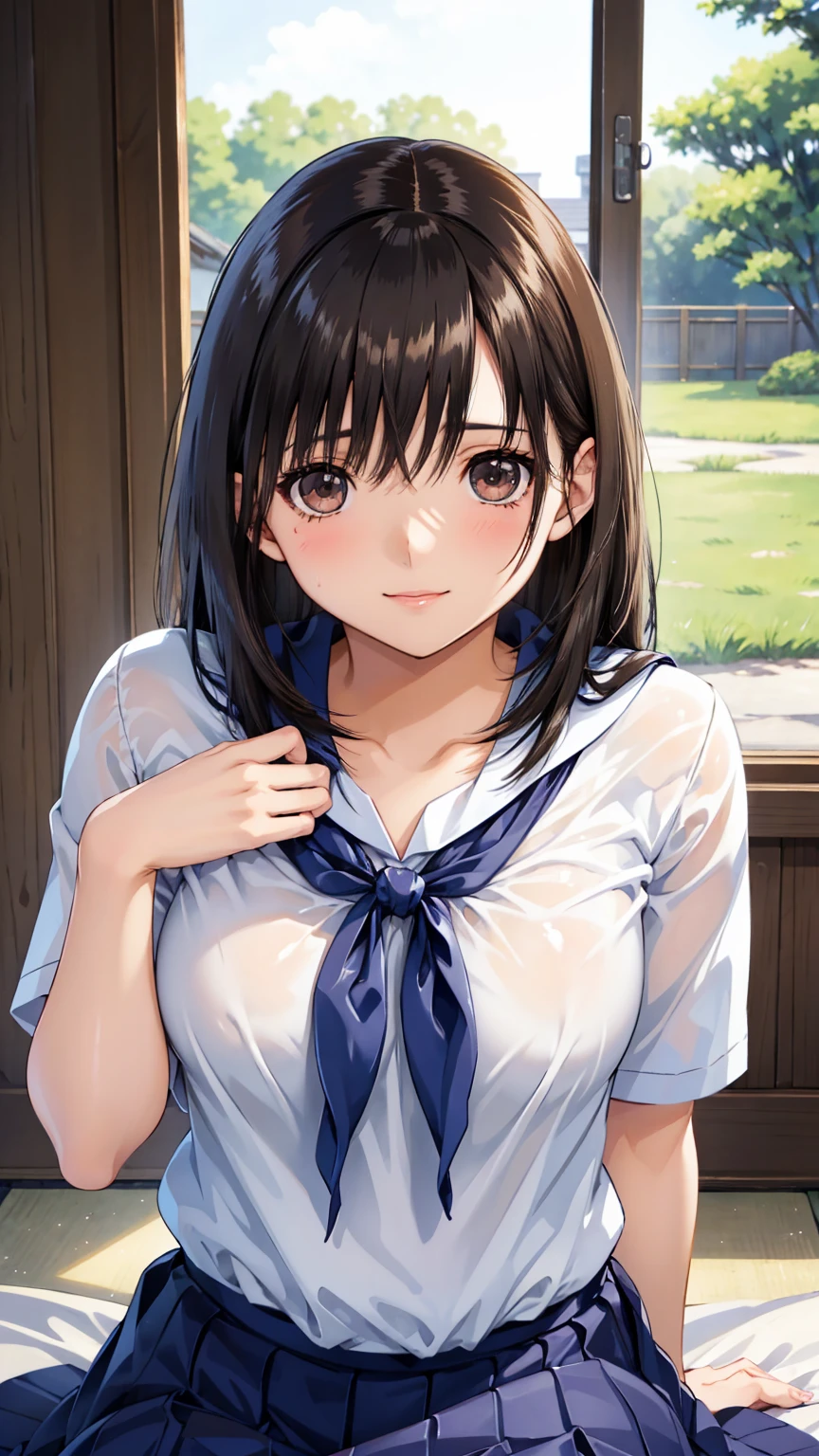 Shiny black hair, (beautiful brown eyes、Shining Eyes, fine grain)、 long hair，smile、 very pretty eyes、 very detailed face, Quite embarrassing,  Japanese high school girl uniform ,  lower body up ，, Charming, Exposed breasts，naked， erotic ，とにかくnaked，naked体，18+，naked， the chest is exposed ，Nipple exposure，nakedの胸，Cum on face and chest， pull your breasts with your own arms ，Covered in semen，After sex， muddy  on your face，Expose your pussy ，Pussy fully visible，Spread your legs，Show me your pussy here， widen your pussy and show it here，Spread your crotch and open your pussy ， face the screen 