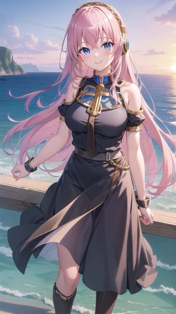 ((masterpiece)),(best quality),official art,extremely detailed CG,unity 8k wallpaper,ultra detailed,A lighthouse on a cliff by the sea,1girl,solo,cowboy shot,megurine luka,long hair,fringe,headset,black shirt,smile,blue eyes,hair between eyes,large breasts,pink hair,black thighhighs,headphones,black skirt,wrist cuffs,long skirt,