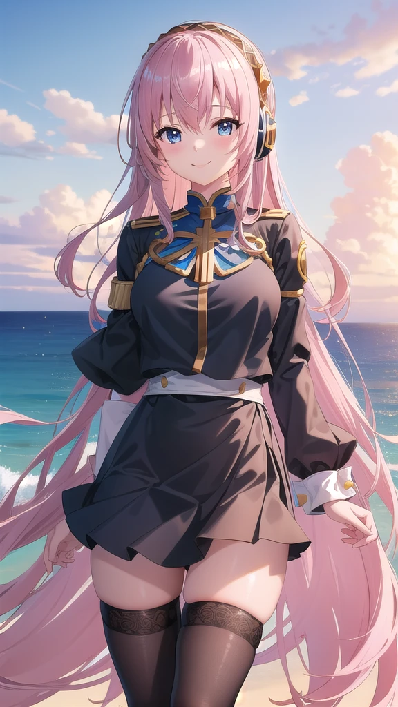 ((masterpiece)),(best quality),official art,extremely detailed CG,unity 8k wallpaper,ultra detailed,A lighthouse on a cliff by the sea,1girl,solo,cowboy shot,megurine luka,long hair,fringe,headset,black shirt,smile,blue eyes,hair between eyes,large breasts,pink hair,black thighhighs,headphones,black skirt,wrist cuffs,long skirt,