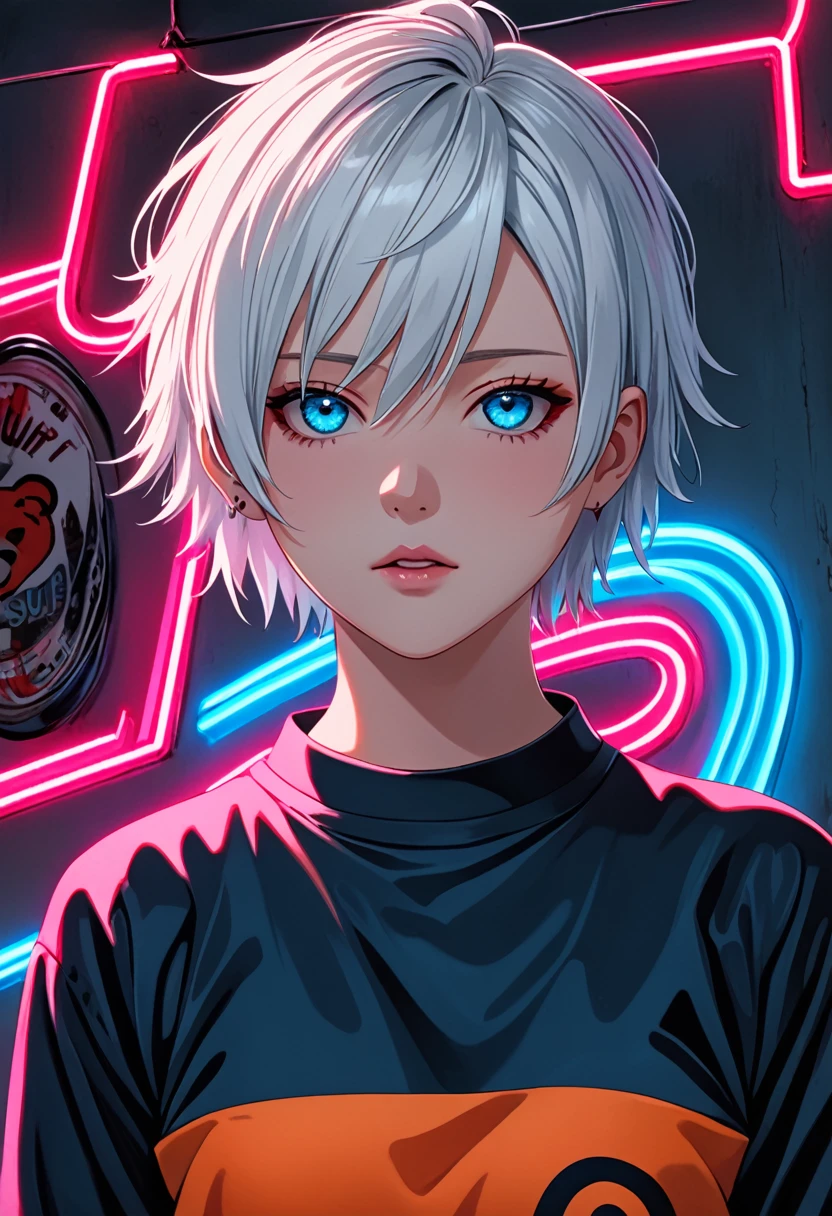 Imagine that you are in a future of 2500 in front of freezing dark dark dark animation 2 .5D manga niji6 strong features oil ink art super details ultra realism on art girl Boruto sexy   +  beautiful horror Aqua Absolute attractive tight shirt blue with the neon Neon dark full with large dark blue eyes full ,  white hair with red neon highlights with a glowing bear passing in front of your eyes in reality style photo realism maximum quality details super graphic perfection of the latest generation