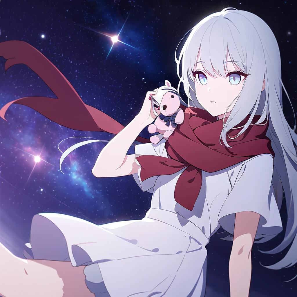 (((masterpiece))), (((Best Quality))),((( high detail))),Light manipulation, Silver Haired Girl, Gradated purple to sky blue eyes ,   beautiful girl with white hair in a white dress , Red scarf, (((change))), ((( s))) ,  galaxy background , Holding a teddy bear, feet, No footwear 