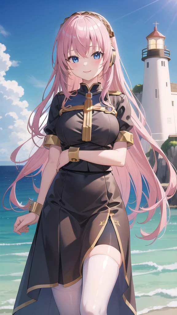 ((masterpiece)),(best quality),official art,extremely detailed CG,unity 8k wallpaper,ultra detailed,A lighthouse on a cliff by the sea,1girl,solo,cowboy shot,megurine luka,long hair,fringe,headset,black shirt,smile,blue eyes,hair between eyes,large breasts,pink hair,black thighhighs,headphones,black skirt,wrist cuffs,long skirt,