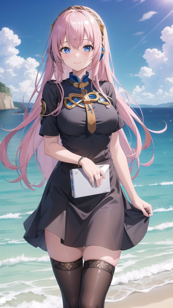 ((masterpiece)),(best quality),official art,extremely detailed CG,unity 8k wallpaper,ultra detailed,A lighthouse on a cliff by the sea,1girl,solo,cowboy shot,megurine luka,long hair,fringe,headset,black shirt,smile,blue eyes,hair between eyes,large breasts,pink hair,black thighhighs,headphones,black skirt,wrist cuffs,long skirt,