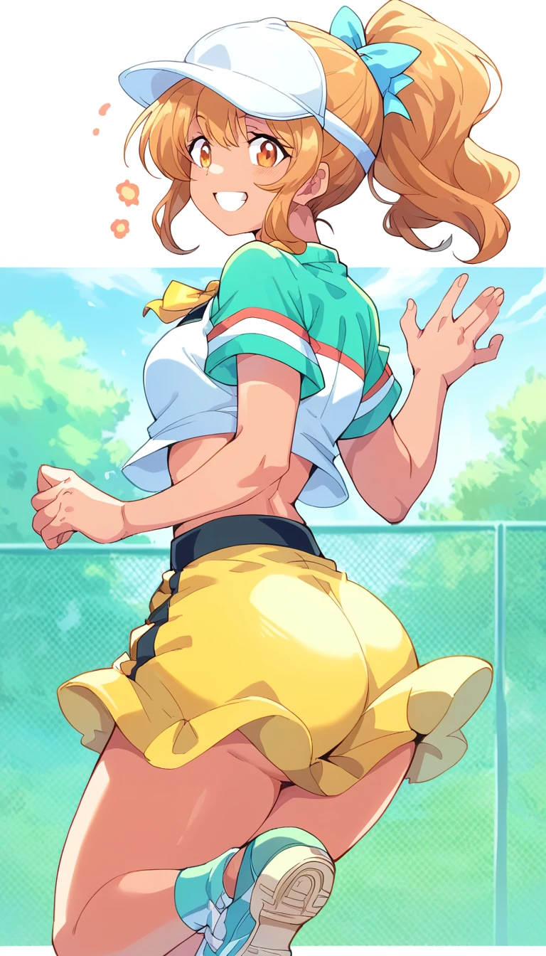 A girl of normal height,  tanned girl dressed as a summer outfit.Wearing a ponytail,  smiling, orange curly hair ,  big ass and big boobs, (( Running in physical education))