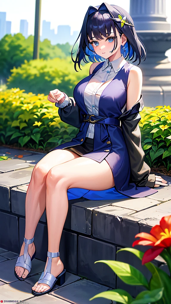 Outfit: random color dress that shows off her side boob, with a random color cardigan on top. Strappy sandals on her feet.
Location: There is a flower bed around the fountain, with colorful flowers blooming. She sits on a bench and waits while looking at the view.
Posing: Her left leg is slightly bent, her right hand is lightly placed on her knee, her gaze is slightly downwards, and she looks a little lonely as she waits.(Image:3k Pixels.Draw with beautiful lines. Number of people: 1 person).(1 right arm).(1 left arm).(1 right leg).(1 left leg).((Perfectly balanced 5 fingertips)).