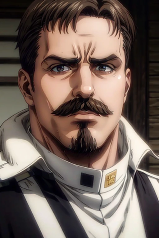 55 years old man, brown hair combed up, goatee and mustache, eyes black, serious expression, White military uniform, Marley, liberio, Obra-prima, Alta resolução, Detalhes altos, Retina.