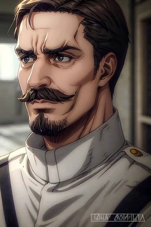 55 years old man, brown hair combed up, goatee and mustache, eyes black, serious expression, White military uniform, Marley, liberio, Obra-prima, Alta resolução, Detalhes altos, Retina.