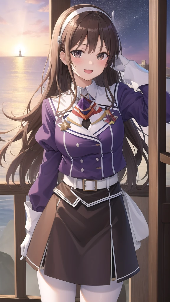 ((masterpiece)),(best quality),official art,extremely detailed CG,unity 8k wallpaper,ultra detailed,A lighthouse on a cliff by the sea,1girl,solo,cowboy shot,long_hair,brown_hair,purple_jacket,pencil_skirt,black_skirt,white_pantyhose,white_gloves,wavy_hair,brown_eyes,white_hairband,long_sleeves,smile,belt,looking_at_viewer,military_uniform,open_mouth,