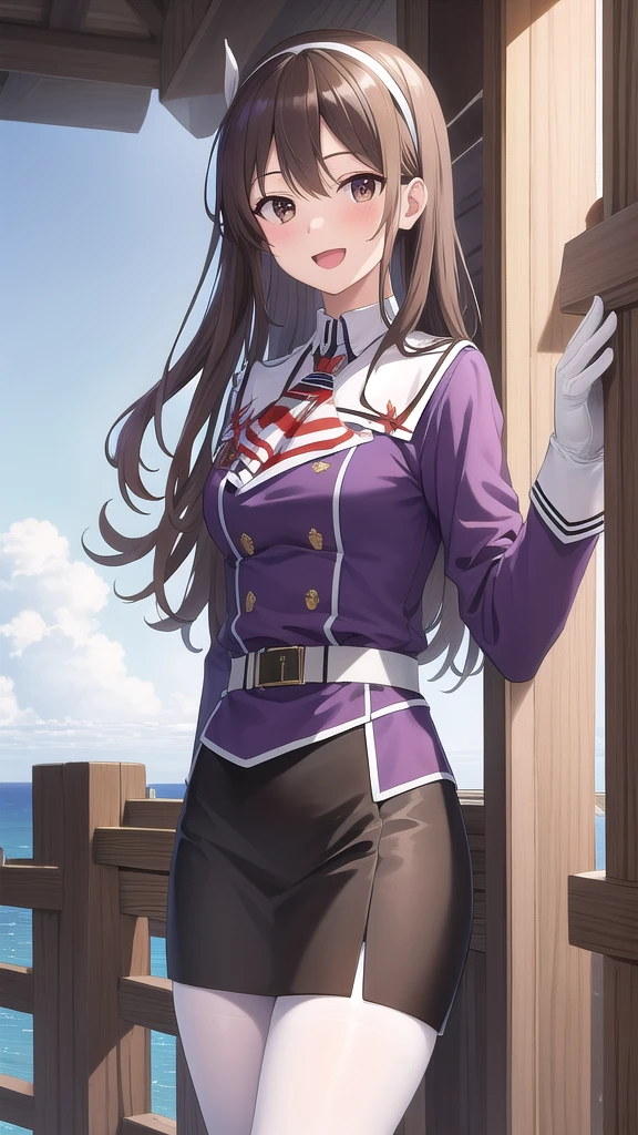 ((masterpiece)),(best quality),official art,extremely detailed CG,unity 8k wallpaper,ultra detailed,A lighthouse on a cliff by the sea,1girl,solo,cowboy shot,long_hair,brown_hair,purple_jacket,pencil_skirt,black_skirt,white_pantyhose,white_gloves,wavy_hair,brown_eyes,white_hairband,long_sleeves,smile,belt,looking_at_viewer,military_uniform,open_mouth,