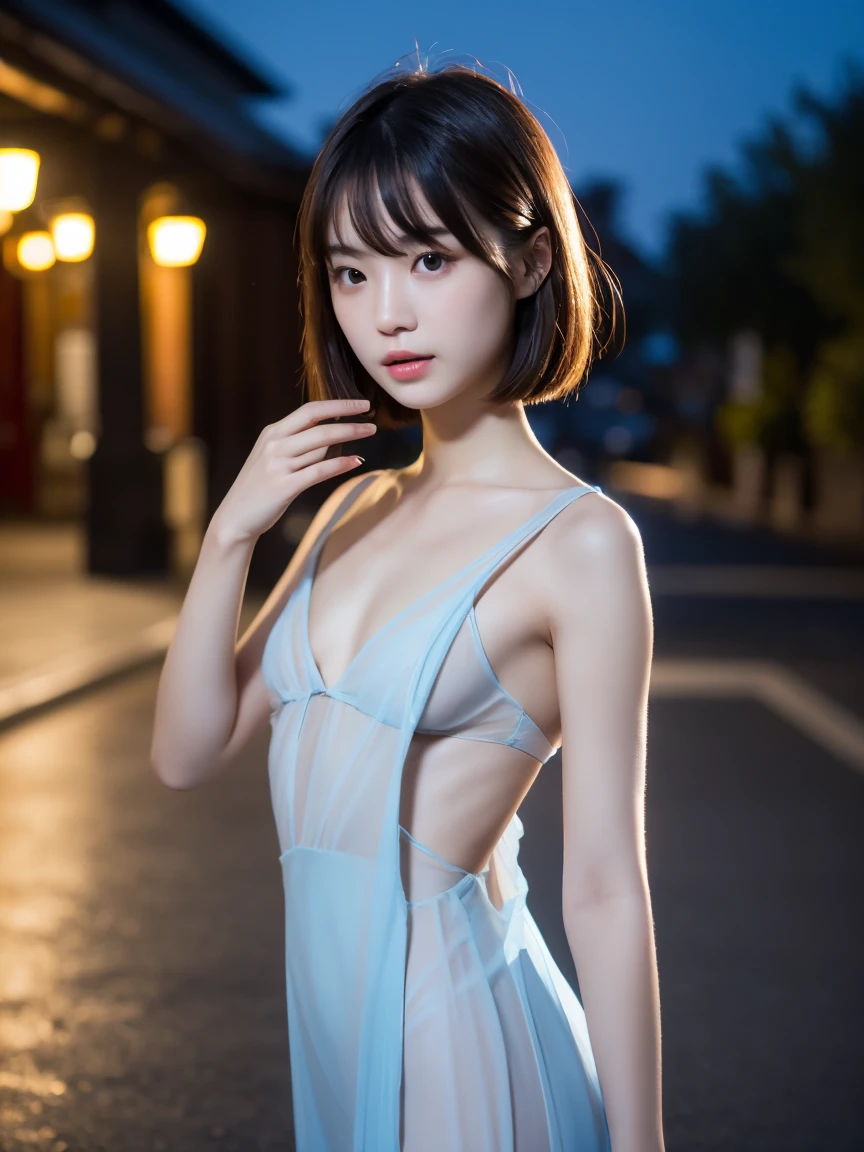 (Photoreal:1.4)、(surreal:1.4)、(cinematic:1.5)、27 year old female、short hair、alone、japanese actress、(beautiful and delicate face)、Rain Shibuya、night、sexy costume、back view、angle from below、First-time viewing angle、A sexy dress that exposes the back and waist