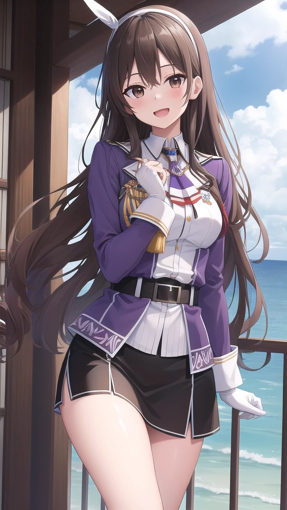 ((masterpiece)),(best quality),official art,extremely detailed CG,unity 8k wallpaper,ultra detailed,A lighthouse on a cliff by the sea,1girl,solo,cowboy shot,long_hair,brown_hair,purple_jacket,pencil_skirt,black_skirt,white_pantyhose,white_gloves,wavy_hair,brown_eyes,white_hairband,long_sleeves,smile,belt,looking_at_viewer,military_uniform,open_mouth,