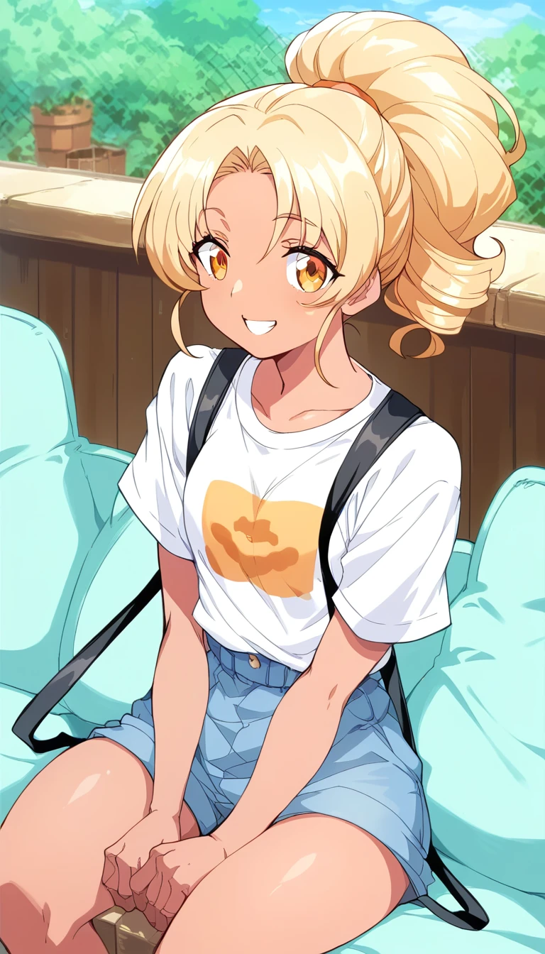 A girl of normal height,   tanned girl dressed as a student,  Wearing a ponytail,  smiling, orange curly hair ,  big ass and big boobs, ((  Sitting on the couch spreading her legs))